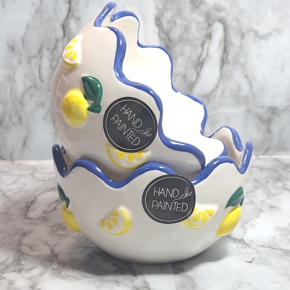 Luna & Sage Set of 2 Lemon Theme Bowls With Blue Scallop Rim Kitchen Dinnerware - Picture 11 of 11